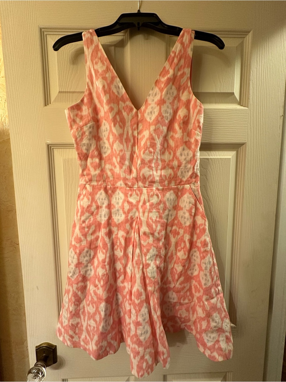 Coral and White Printed V-Neck Party Dress
